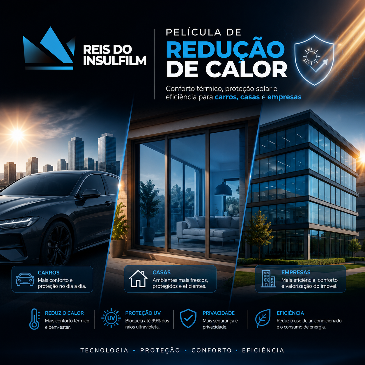 Película de Redução de Calor conforto térmico, proteção solar e eficiência para carros, casas e empresas - Reis do Insulfilm