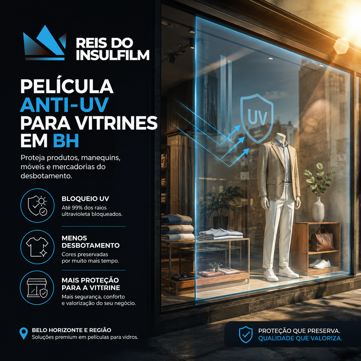 Película anti-UV para vitrines em BH como proteger produtos, manequins, móveis e mercadorias do desbotamento