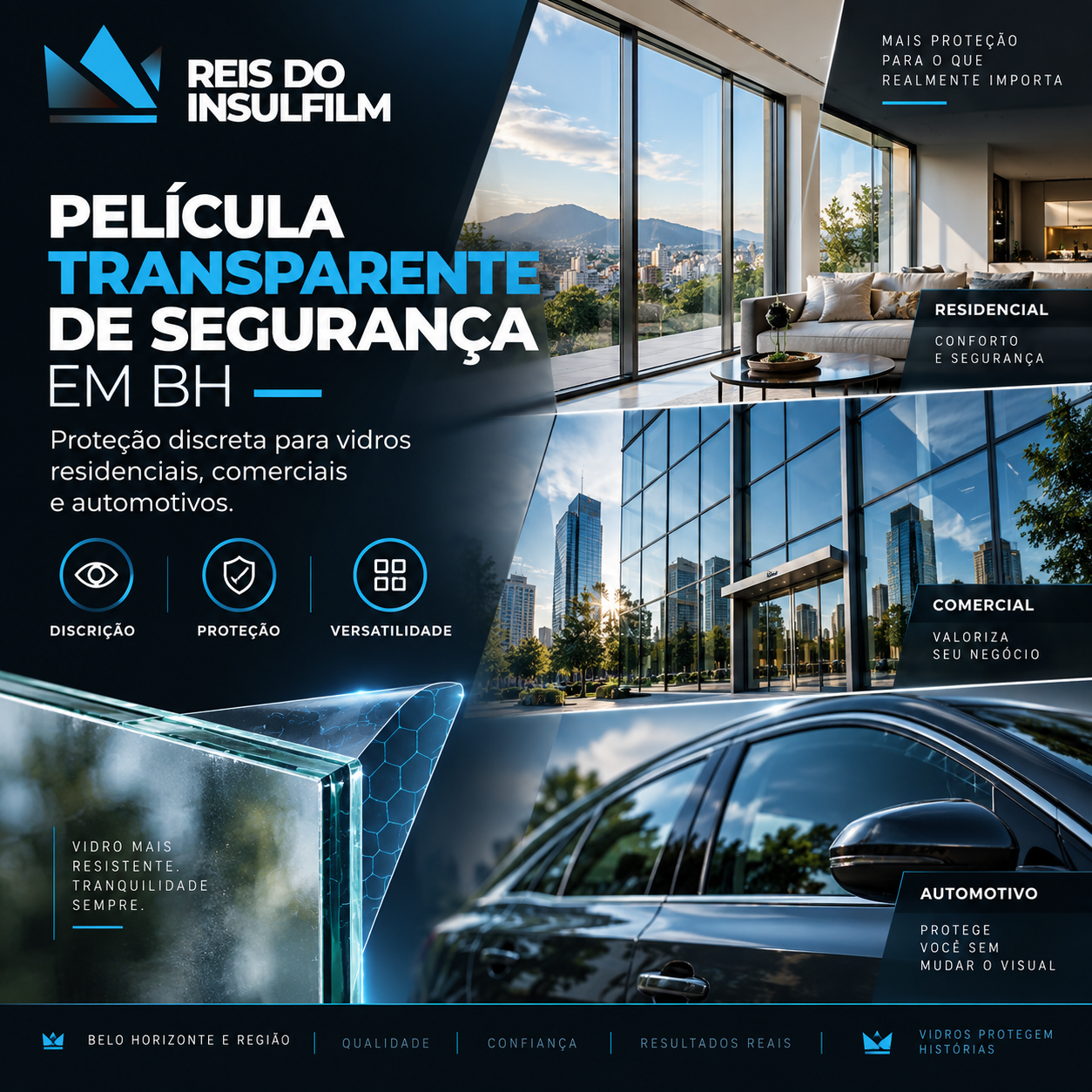 Película transparente de segurança em BH proteção discreta para vidros residenciais, comerciais e automotivos